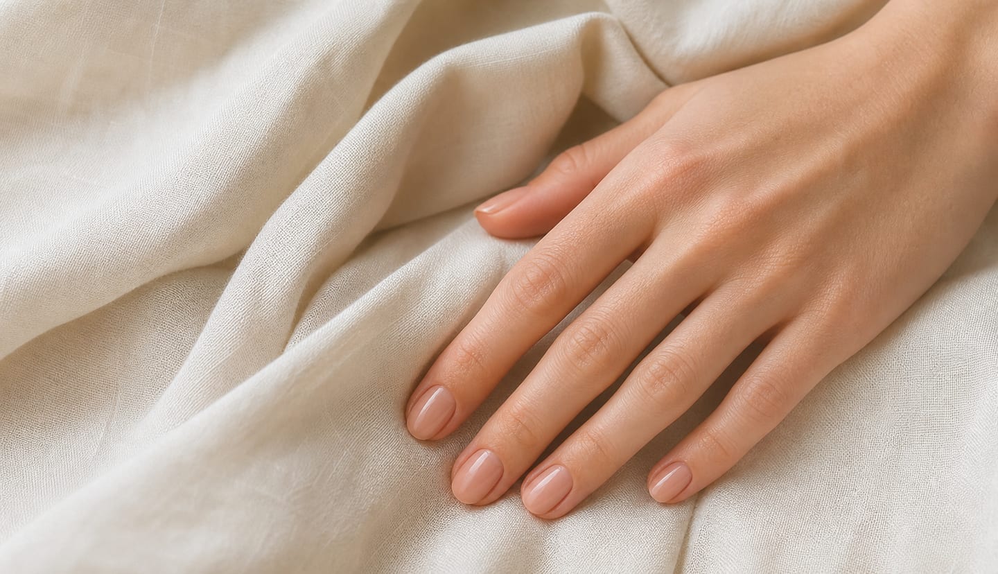 Dłoń z naturalnym manicure na miękkiej kremowej tkaninie
