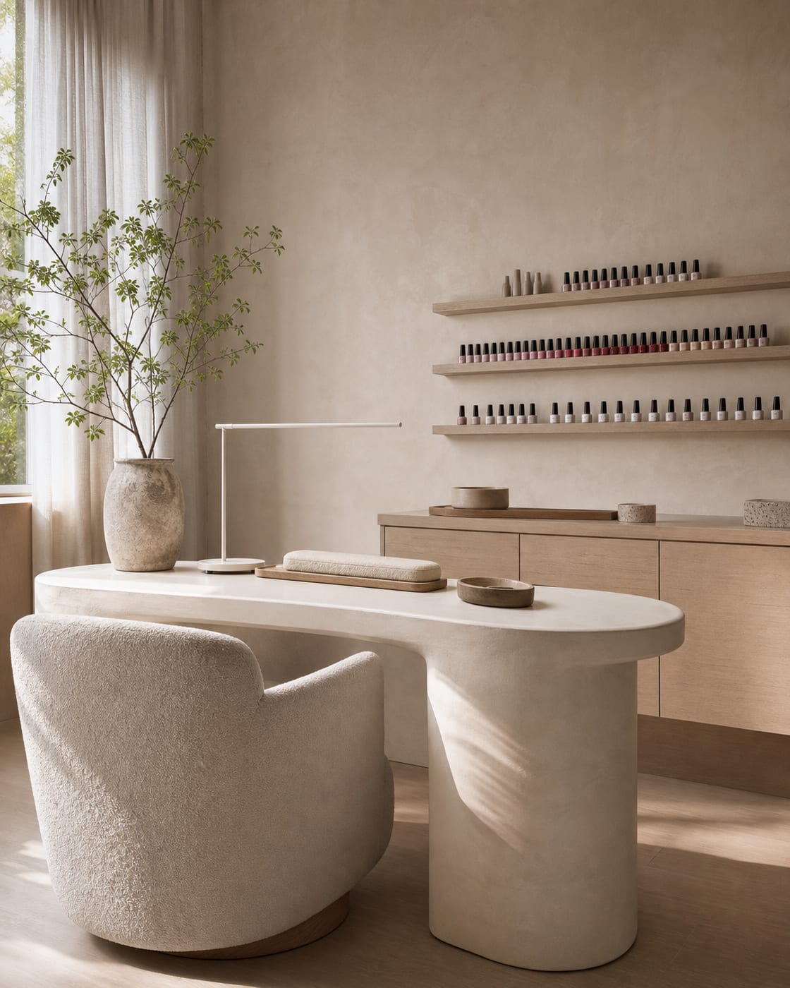 Kameralne wnętrze salonu manicure NMANICURE w jasnych beżach